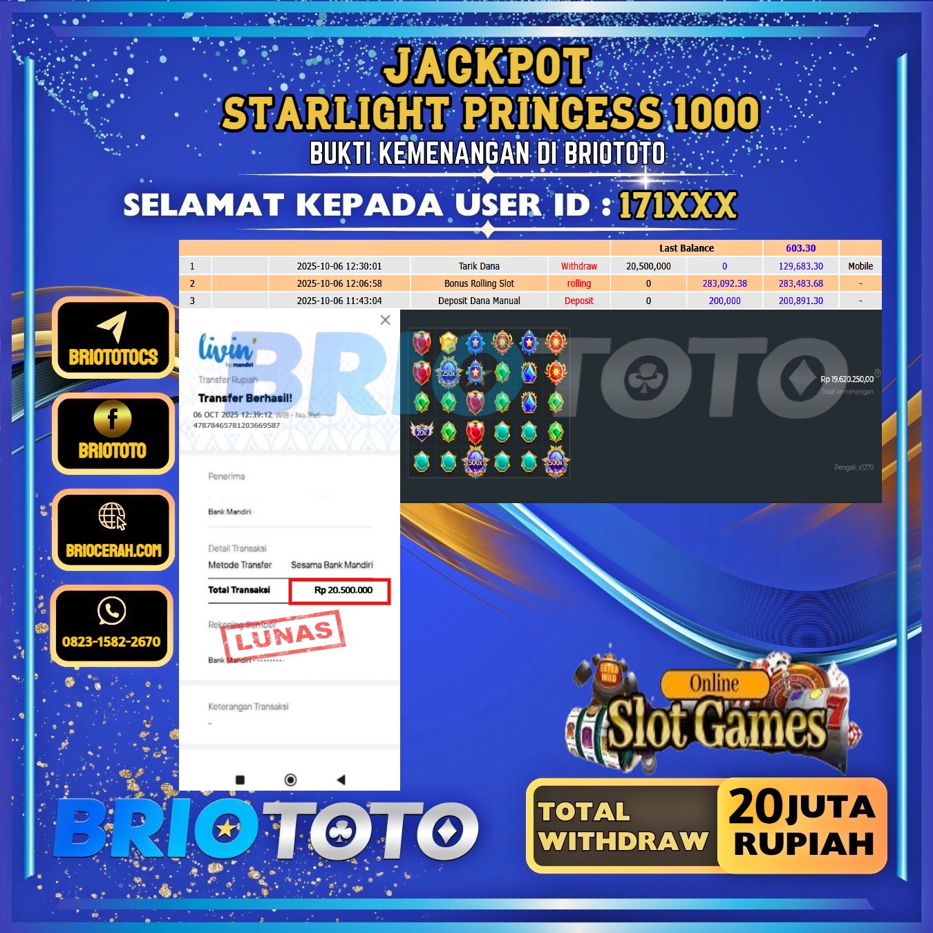 BRIOTOTO JACKPOT SLOT STARLIGHT PRINCESS 1000 RP.20.000.000,- LUNAS USER ID : 171****