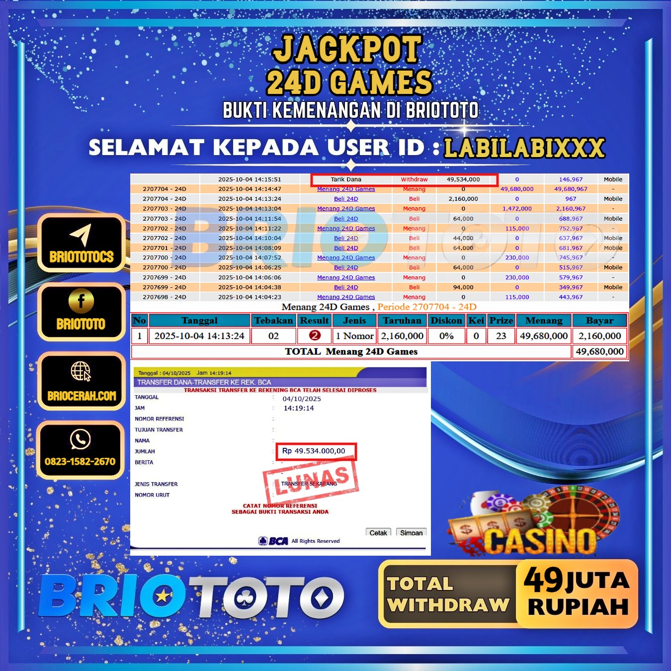 BRIOTOTO JACKPOT LIVE GAME 24D GAMES RP.49.000.000,- LUNAS USER ID : LABILABI****