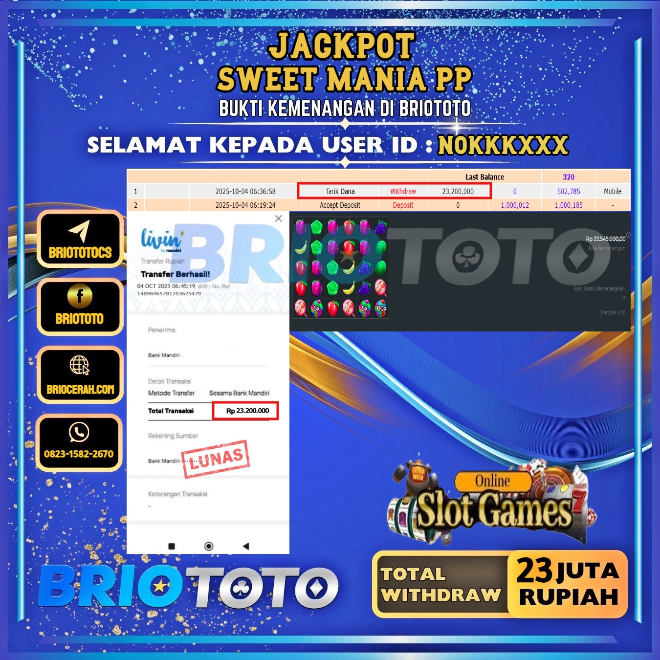 BRIOTOTO JACKPOT SLOT SWEET MANIA PP RP.23.000.000,- LUNAS USER ID : NOKKK***