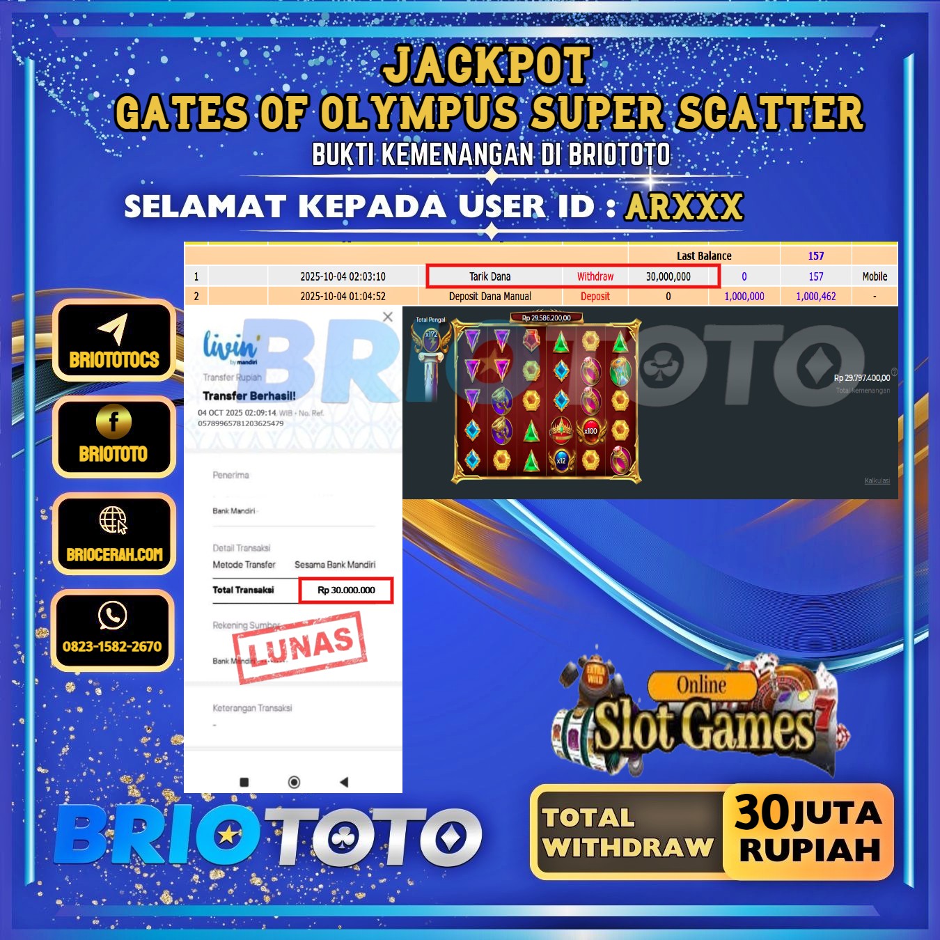 BRIOTOTO JACKPOT SLOT GATES OF OLYMPUS SUPER SCATTER RP.30.000.000,- LUNAS USER ID : AR***