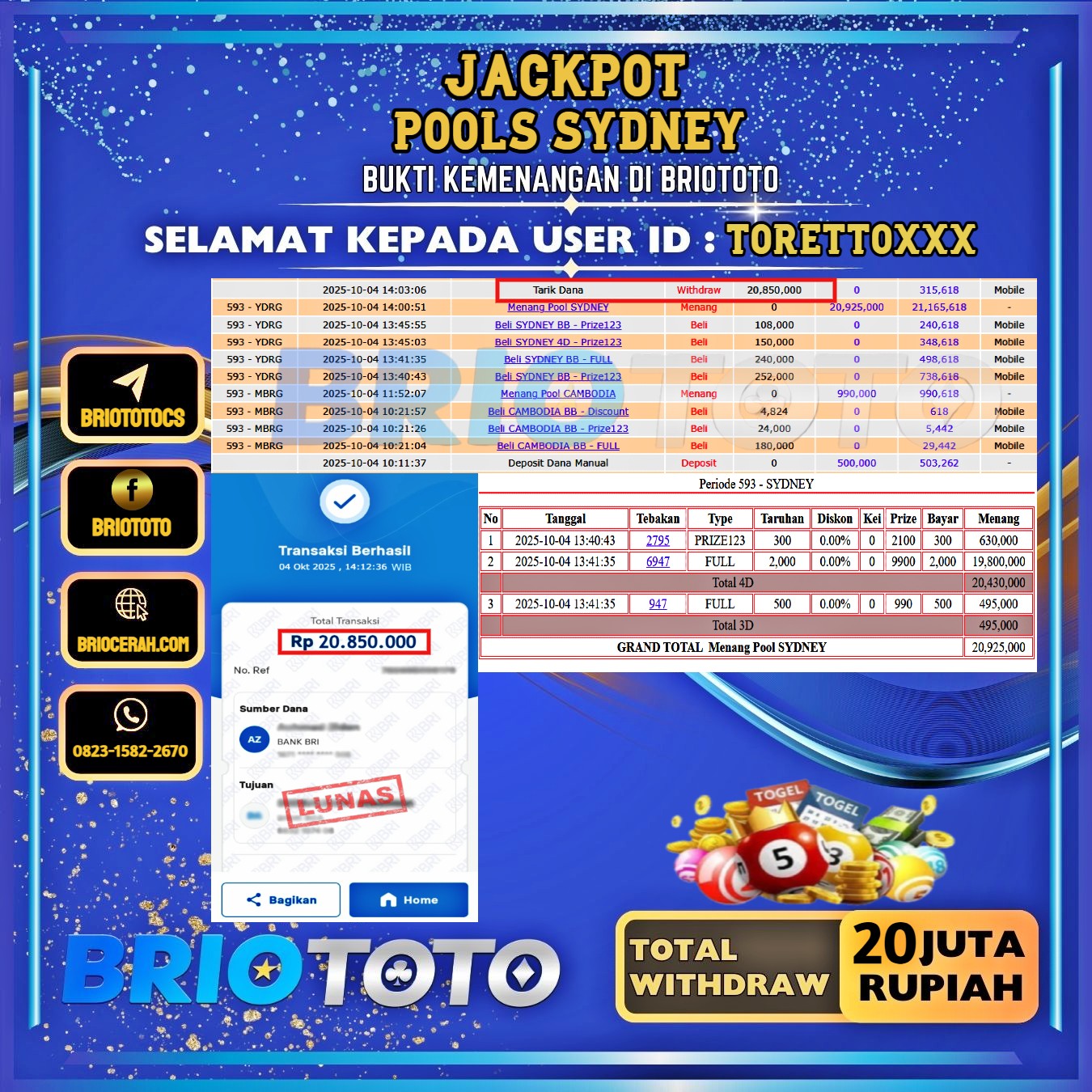 BRIOTOTO JACKPOT TOGEL PASARAN SYDNEY RP.20.000.000,- LUNAS USER ID : TORETTO***